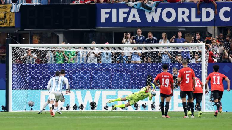 Mostafa Shoubir #23 of Egypt makes a save against a penalty by Lionel Messi #10 of Argentina during the FIFA World Cup 2026 Round of 16 match between Argentina and Egypt at Atlanta Stadium on July 07, 2026 in Atlanta, Georgia.