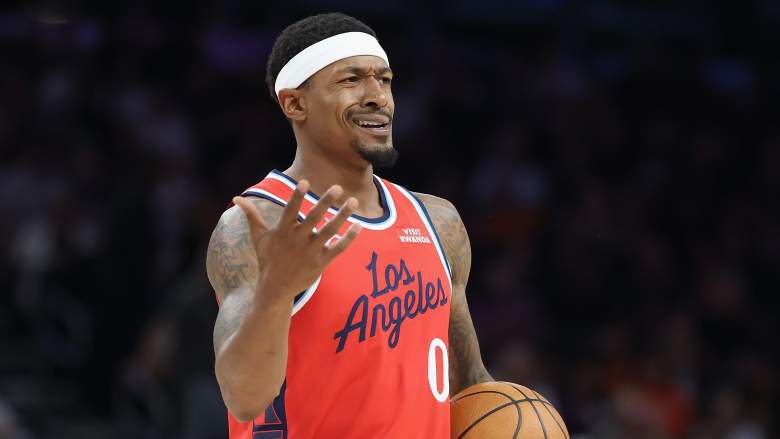 Bradley Beal gestures while questioning an official's call during an NBA game.