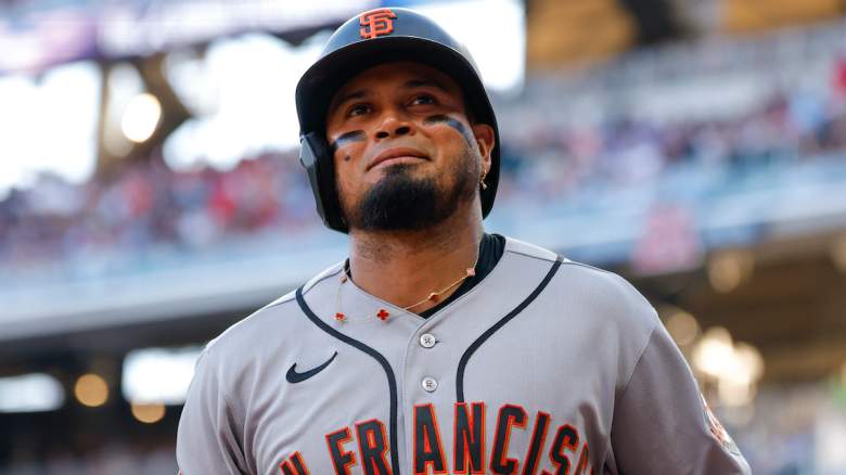 Luis Arraez #1 of the San Francisco Giants reacts.