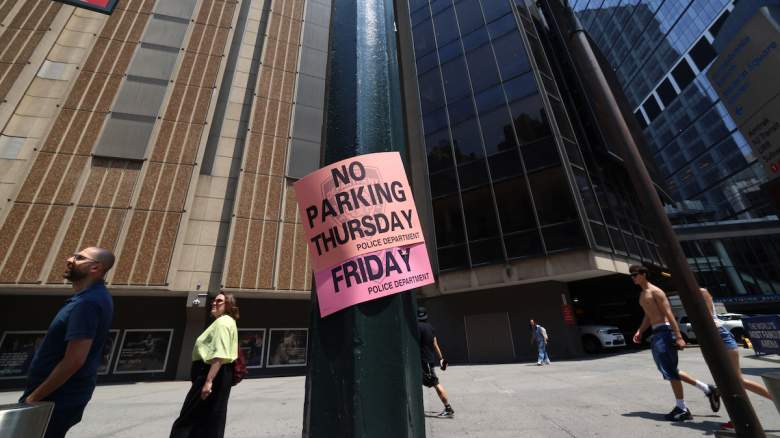 A sign reading "no parking Thursday, Friday" is seen outside Madison Square Garden.