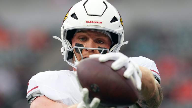 Tight end Trey McBride of the Arizona Cardinals warms up.