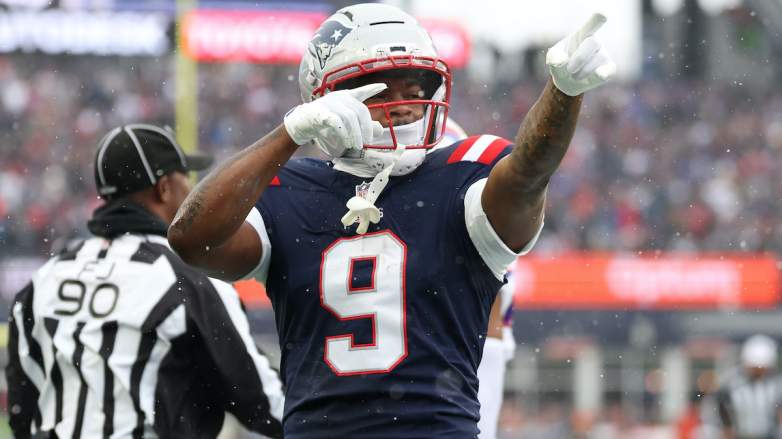 Kayshon Boutte #9 of the New England Patriots celebrates a first down.