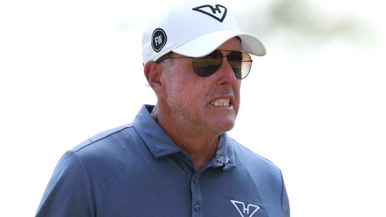 Phil Mickelson of the United States reacts.
