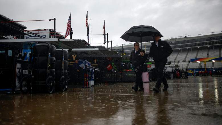 A general view of the rain-soaked garage area.