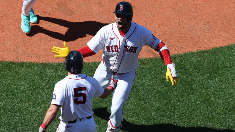 Willson Contreras #40 of the Boston Red Sox celebrates after hitting a two run home run