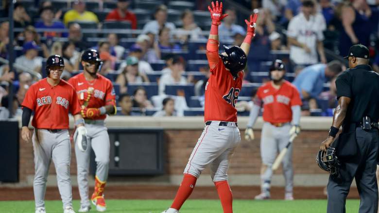 Anthony Seigler #48 of the Boston Red Sox celebrates at home plate.
