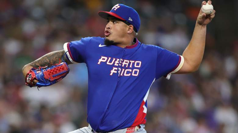 Eduardo Rivera #99 of Team Puerto Rico delivers a pitch.