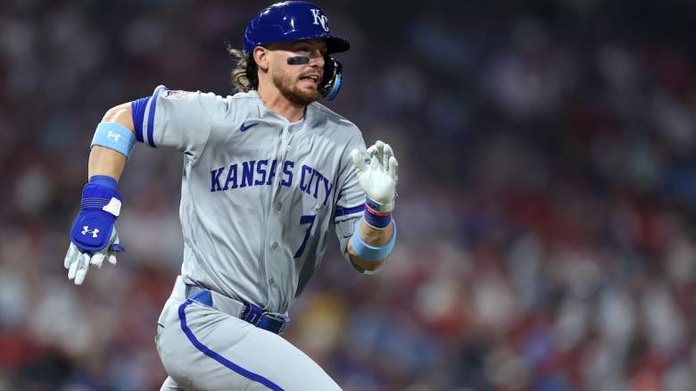 Bobby Witt Jr. #7 of the Kansas City Royals runs to first base