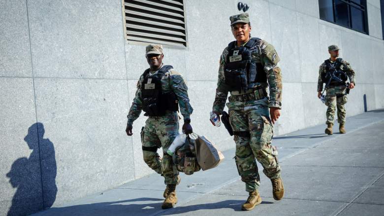 US Army soldiers patrol around Madison Square Garden.