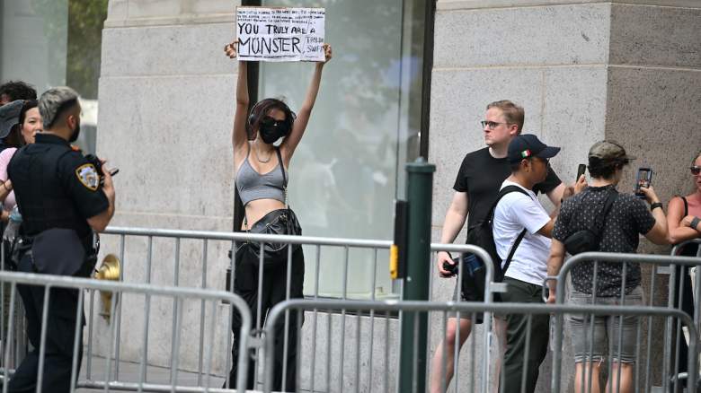 A protester holds a sign outside Madison Square Garden on July 3, 2026 in New York City.