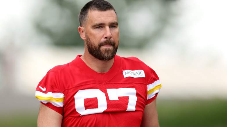 Tight end Travis Kelce #87 walks toward the practice field
