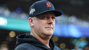 Manager A.J. Hinch #14 of the Detroit Tigers looks on