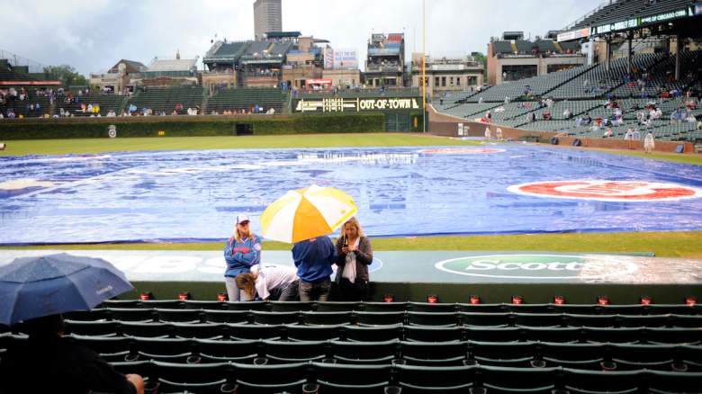 Rain at Wrigley Field in Chicago, Illinois.