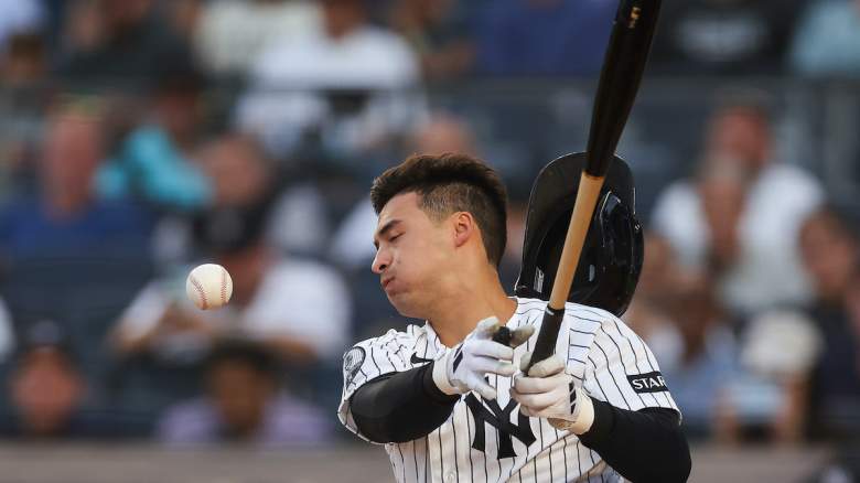 Anthony Volpe #11 of the New York Yankees loses his helmet during an at-bat.