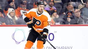 Kevin Hayes #13 of the Philadelphia Flyers looks on during the third period against the Winnipeg Jets at Wells Fargo Center on January 22, 2023 in Philadelphia, Pennsylvania. Hayes is playing in his 600th-career NHL game.