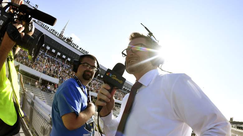 Dale Earnhardt Jr. prepares for an NBC Sports broadcast before a NASCAR race at Pocono Raceway.