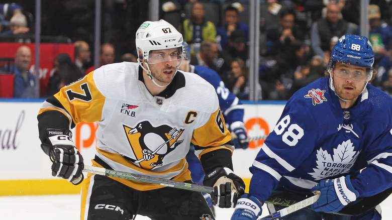 Sidney Crosby #87 of the Pittsburgh Penguins skates against William Nylander #88 of the Toronto Maple Leafs during the second period in an NHL game at Scotiabank Arena on December 16, 2023 in Toronto, Ontario, Canada