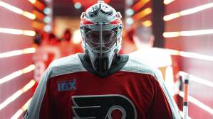 Cal Petersen #40 of the Philadelphia Flyers looks on prior to the game against the Seattle Kraken at the Wells Fargo Center on February 10, 2024 in Philadelphia, Pennsylvania.
