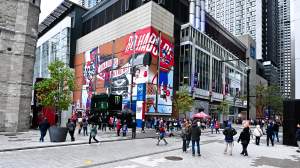 Montreal Canadiens supporters gather outside the Bell Centre prior to the home opener of the Montreal Canadiens against the Toronto Maple Leafs at the Bell Centre on October 9, 2024 in Montreal, Quebec, Canada.