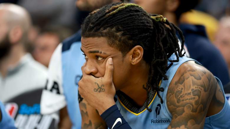 Ja Morant sits on the bench after injury in 2025 play0-in game