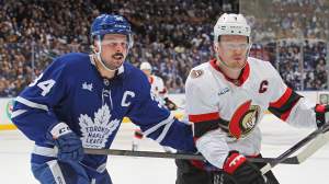 Brady Tkachuk of the Ottawa Senators skates against Auston Matthews #34 of the Toronto Maple Leafs during the first period in Game Two of the First Round of the 2025 Stanley Cup Playoffs at Scotiabank Arena on April 22, 2025 in Toronto, Ontario, Canada.