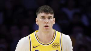 Jake LaRavia #12 of the Los Angeles Lakers