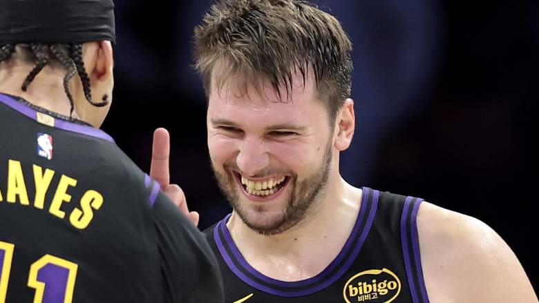 Jaxson Hayes #11 and Luka Doncic #77 of the Los Angeles Lakers
