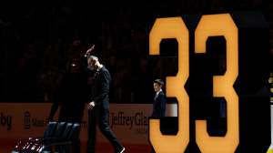 Former Boston Bruin Zdeno Chara takes part in ceremonies as his #33 jersey is retired and raised to the rafters before a game between the Seattle Kraken and the Boston Bruins at the TD Garden on January 15, 2026 in Boston, Massachusetts.