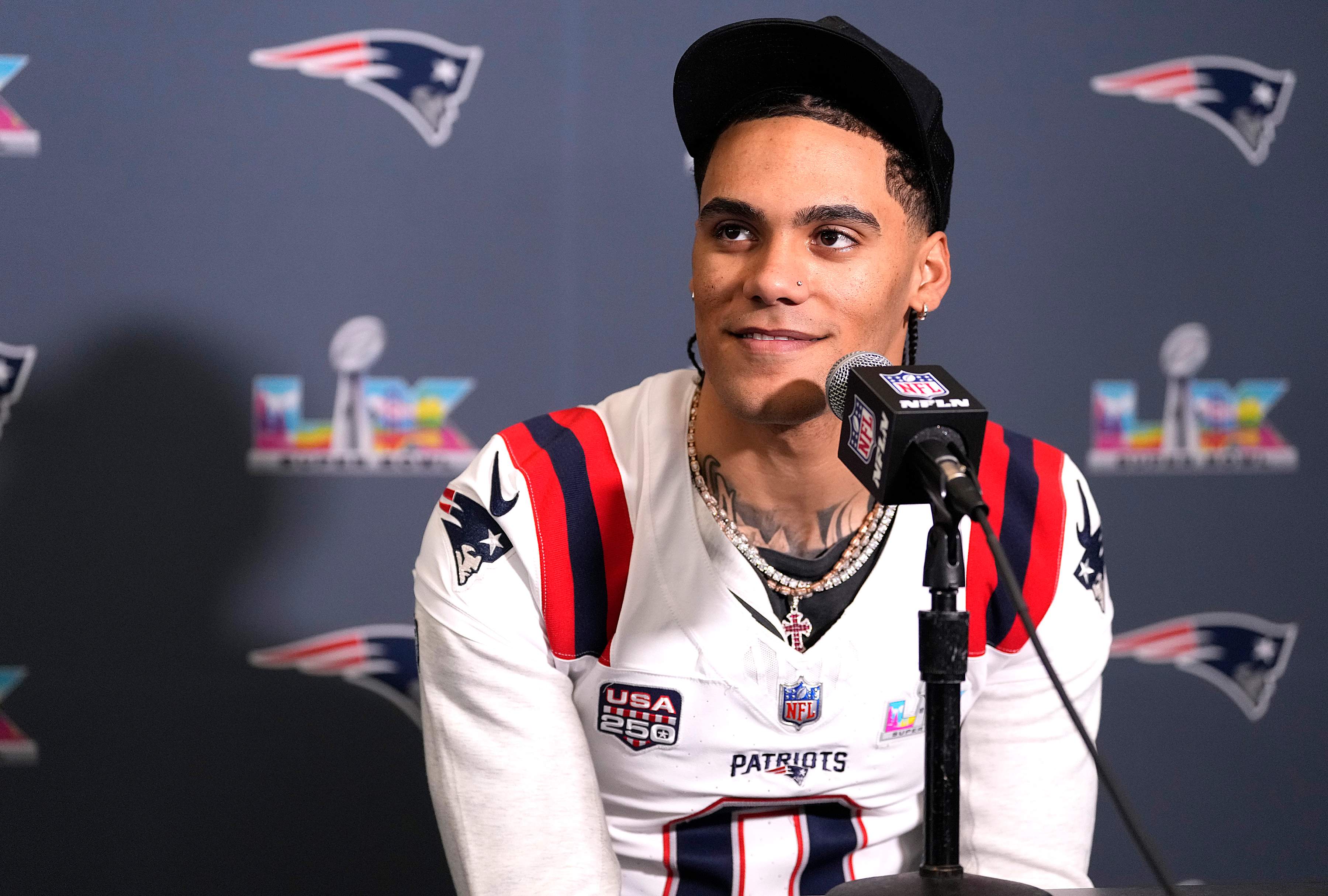 Christian Gonzalez #0 of the New England Patriots addresses the media prior to Super Bowl LX at the Santa Clara Marriott on February 05, 2026 in Santa Clara, California