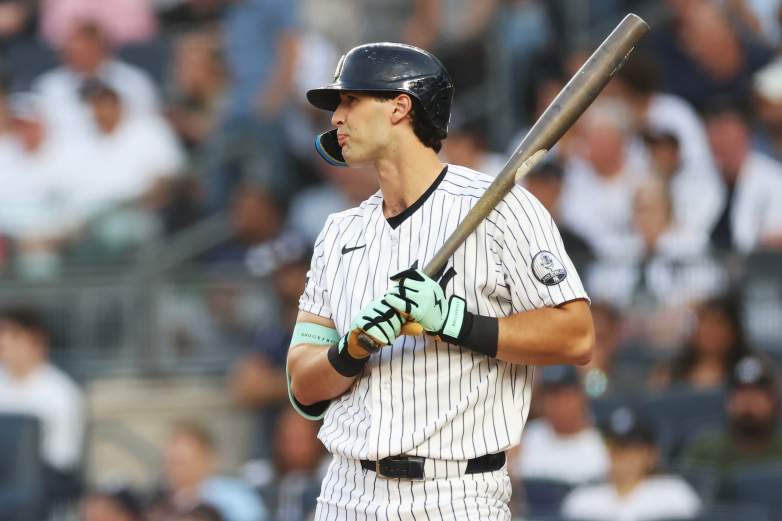 New York Yankees Spencer Jones holding a bat at the plate