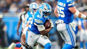 Raheem Blackshear #42 of the Detroit Lions runs the ball during the fourth quarter of a preseason game against the Washington Commanders at Ford Field on August 22, 2026 in Detroit, Michigan.
