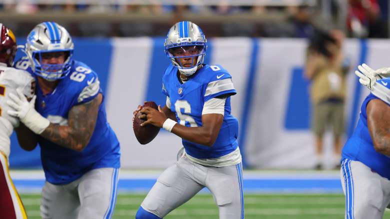 Joshua Dobbs #6 of the Detroit Lions looks to throw a first half pass against the Washington Commanders at Ford Field on August 22, 2026 in Detroit, Michigan. (