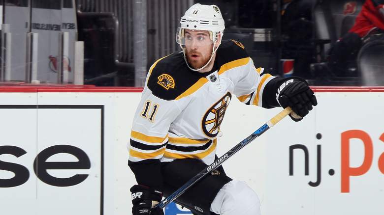 Jimmy Hayes #11 of the Boston Bruins skates against the New Jersey Devils at the Prudential Center on January 8, 2016 in Newark, New Jersey. The Bruins defeated the Devils 4-1.