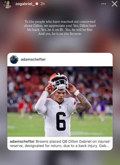 Dillon Gabriel's wife spoke out on the Browns decision to put the QB on IR.