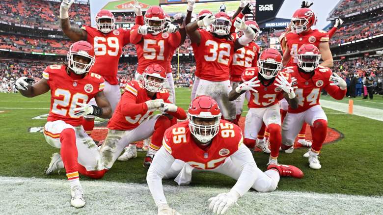 The Kansas City Chiefs celebrate after an interception against the Cleveland Browns during the third quarter at Huntington Bank Field on December 15, 2024 in Cleveland, Ohio