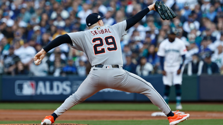 Tarik Skubal #29 of the Detroit Tigers pitches against the Seattle Mariners during the first inning in game two of the Division Series at T-Mobile Park on October 05, 2025 in Seattle, Washington. (Photo by Alika Jenner/Getty Images)