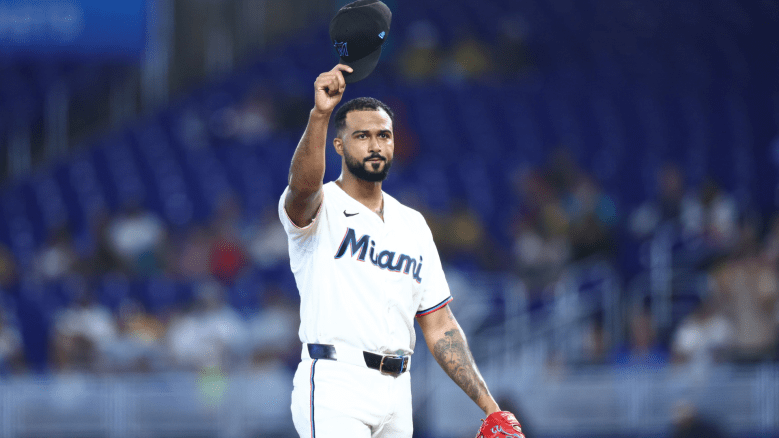 Sandy Alcantara #22 of the Miami Marlins acknowledges the crowd after becoming the Marlins' franchise leader for inning pitched during the third inning of the game against the Los Angeles Angels at loanDepot park on August 08, 2026 in Miami, Florida. (Photo by Megan Briggs/Getty Images)