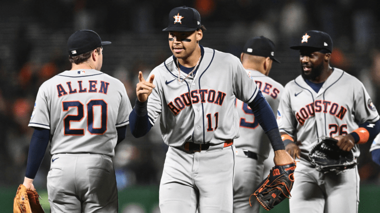 Cam Smith #11 of the Houston Astros gestures after winning against the San Francisco Giants at Oracle Park on August 10, 2026 in San Francisco, California. (Photo by Thien-An Truong/Getty Images)
