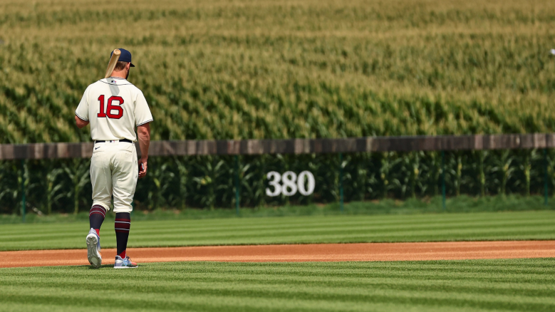Patrick Wisdom #16 of the Chicago Cubs looks on prior to the game against the Cincinnati Reds at Field of Dreams on August 11, 2022 in Dyersville, Iowa. (Photo by Michael Reaves/Getty Images)