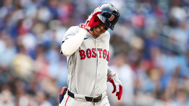 Nick Sogard #20 of the Boston Red Sox reacts as he takes a walk in the first inning of their MLB game against the Toronto Blue Jays at Rogers Centre on August 10, 2026 in Toronto, Ontario, Canada. (Photo by Cole Burston/Getty Images)