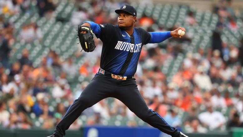 Framber Valdez #59 of the Detroit Tigers throws a first inning pitch against the Tampa Bay Rays at Comerica Park on August 24, 2026 in Detroit, Michigan. (Photo by Gregory Shamus/Getty Images)