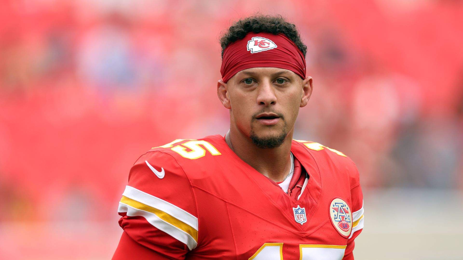 Quarterback Patrick Mahomes #15 of the Kansas City Chiefs warms up prior to the preseason game against the Los Angeles Rams at Arrowhead Stadium on August 15, 2026 in Kansas City, Missouri