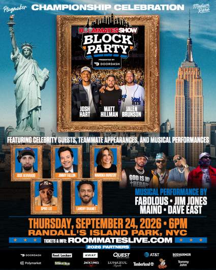 Jalen Brunson and Josh Hart Roommates Show Block Party poster at Randall&rsquo;s Island