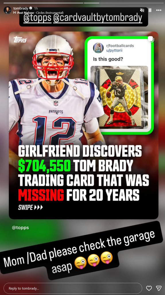 Tom Brady shares Topps post about a one-of-one card that sold for $704,550