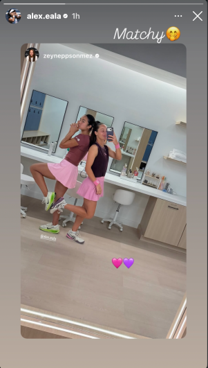 Alex Eala and Zeynep Sonmez pose together in matching pink and purple outfits after their Cincinnati Open exits.