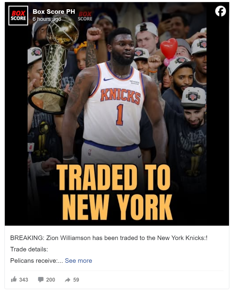 Facebook post falsely claiming Zion Williamson was traded to the New York Knicks