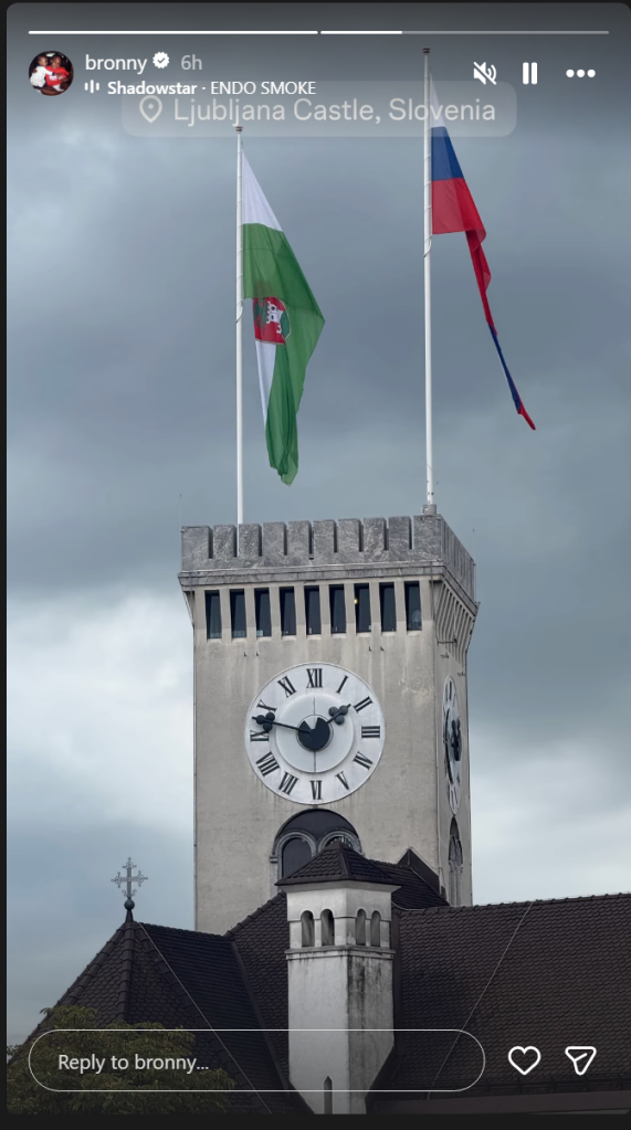 Bronny James Instagram story showing a Slovenian flag and Ljubljana landmark during the Lakers&rsquo; team trip to Slovenia