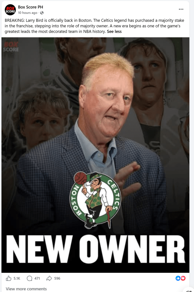 Viral Facebook post falsely claiming Boston Celtics legend Larry Bird purchased a majority stake in the franchise.