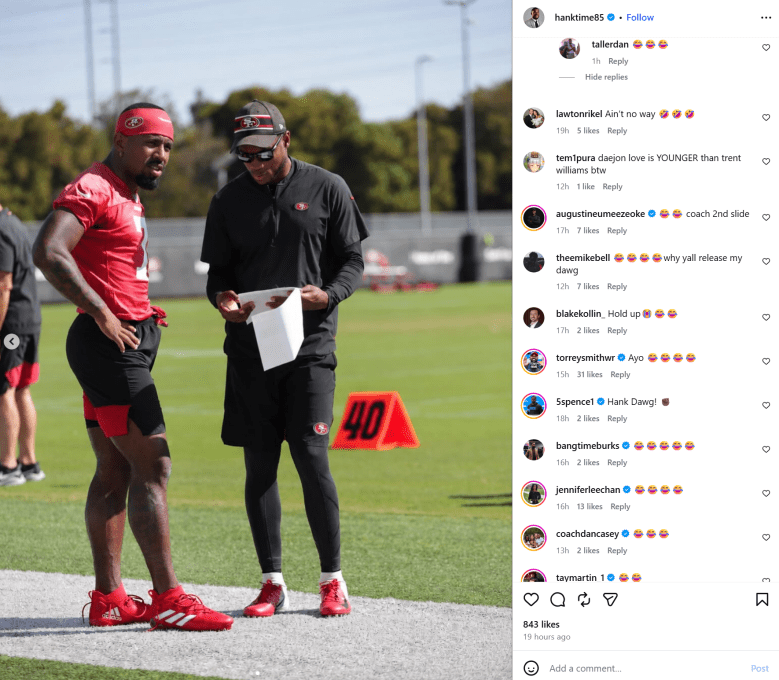 Daejon Love with San Francisco 49ers wide receivers coach Leonard Hankerson in an Instagram post