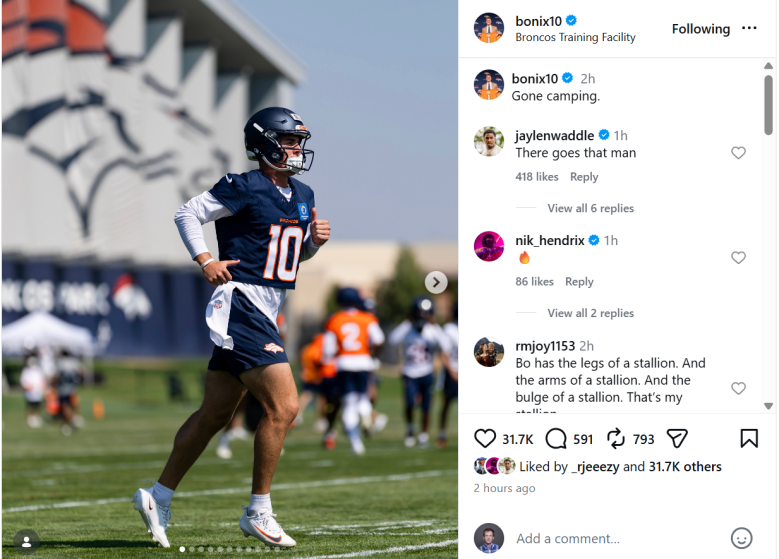 Denver Broncos quarterback Bo Nix shares a training camp photo on Instagram as teammates react in the comments.